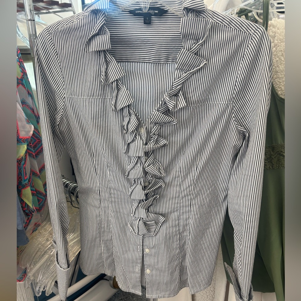 Express Black & White Striped Ruffle Button-Down Shirt
